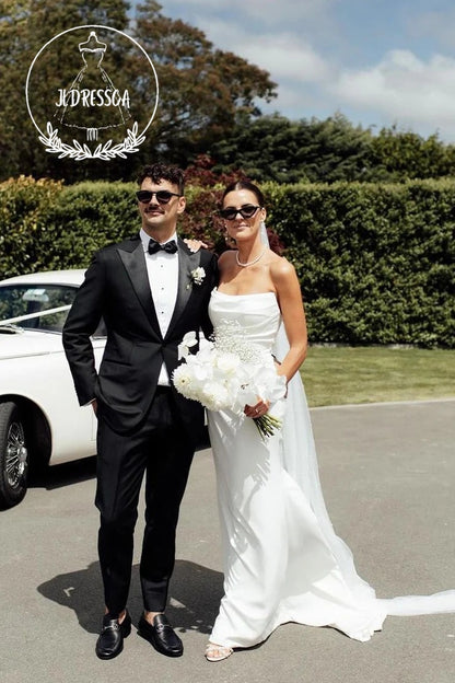 Simple White Strapless Satin Mermaid Wedding Dresses, WD25025