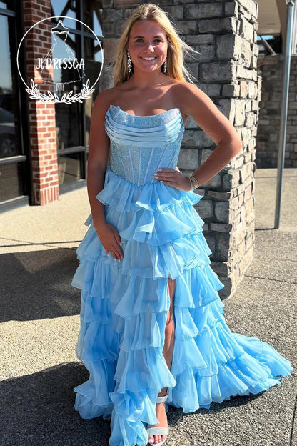 Ball Gown Long Strapless Royal Blue Tiered Ruffle Prom Dresses with Beadings, PD25935
