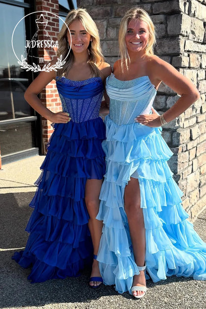 Ball Gown Long Strapless Royal Blue Tiered Ruffle Prom Dresses with Beadings, PD25935