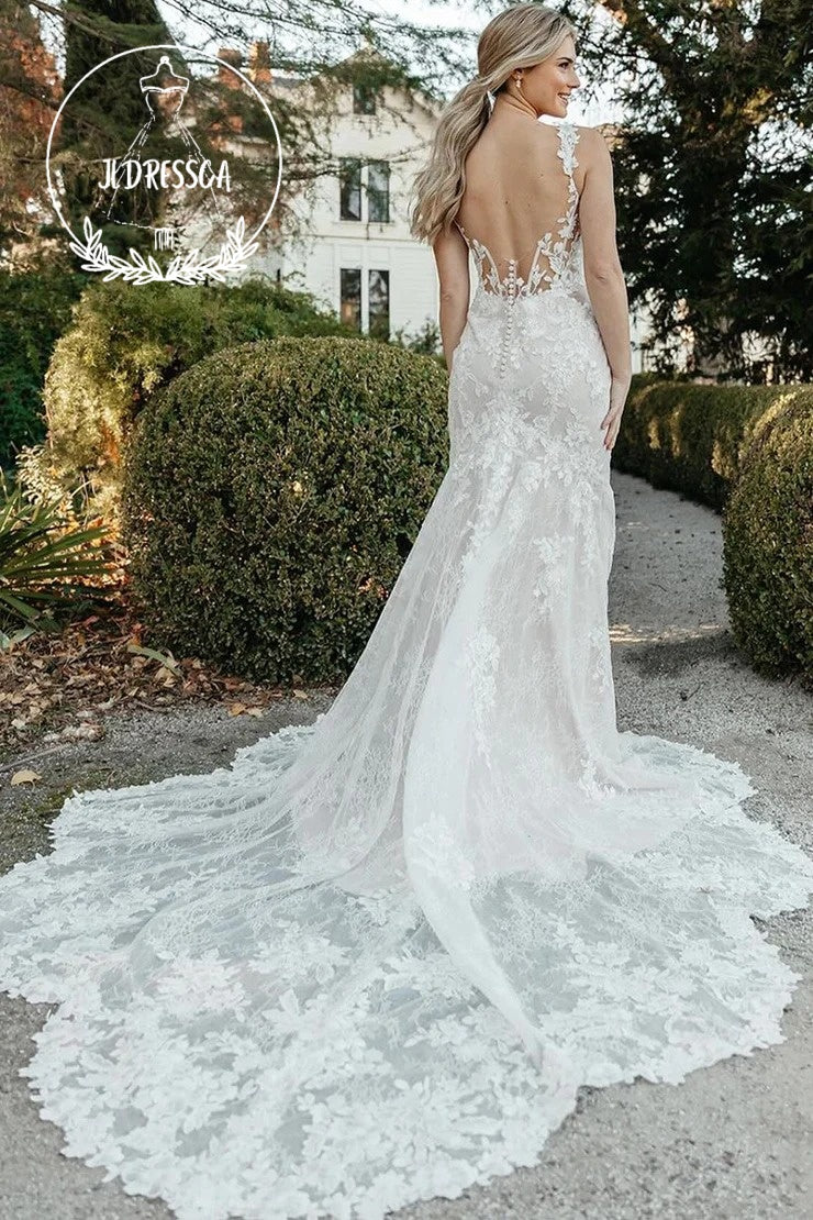 Dazzling Long Mermaid Lace Wedding Dresses with Square Neck and Slit, WD25015