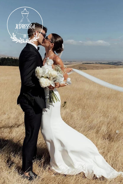 Simple White Strapless Satin Mermaid Wedding Dresses, WD25025