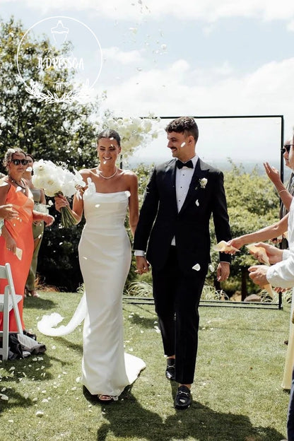 Simple White Strapless Satin Mermaid Wedding Dresses, WD25025