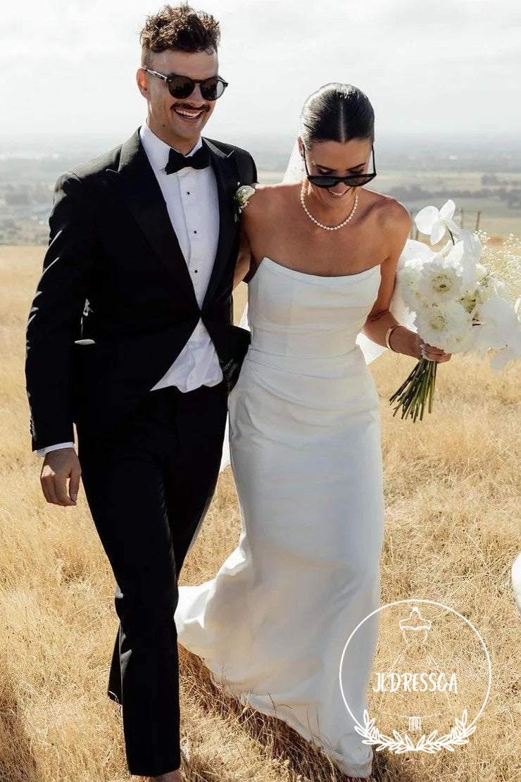 Simple White Strapless Satin Mermaid Wedding Dresses, WD25025