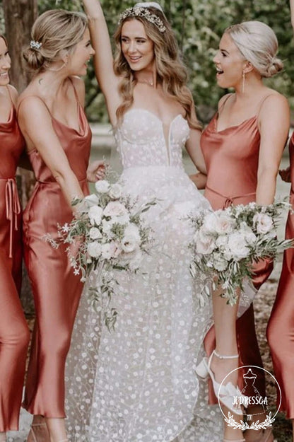 Bohemian Sheath Straps Rust Red Silk Satin Tea Lenght Bridesmaid Dresses, BD25025