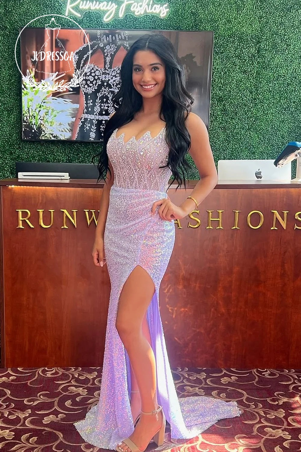 Lilac Strapless Mermaid Sequins Long Prom Dress with Slit, PD25865