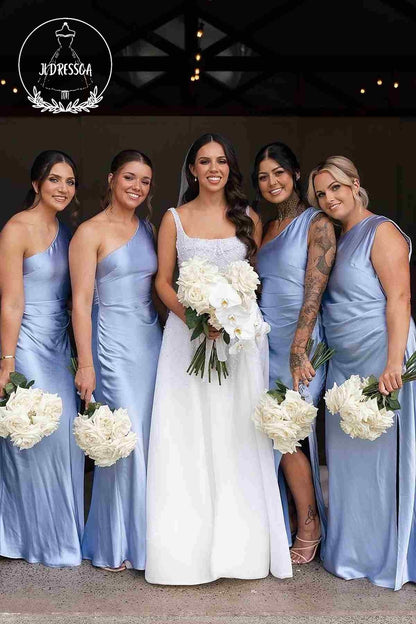 Silk Satin Sheath One Shoulder Fashion Long Bridesmaid Dresses, BD25045