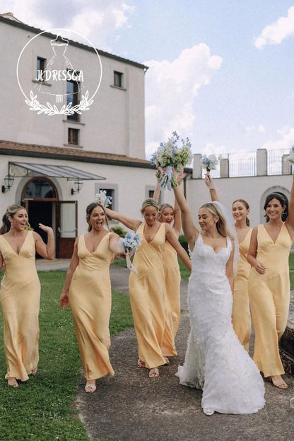 Simple Long Sheath V - Neck Silk Satin Bridesmaid Dress, BD25005