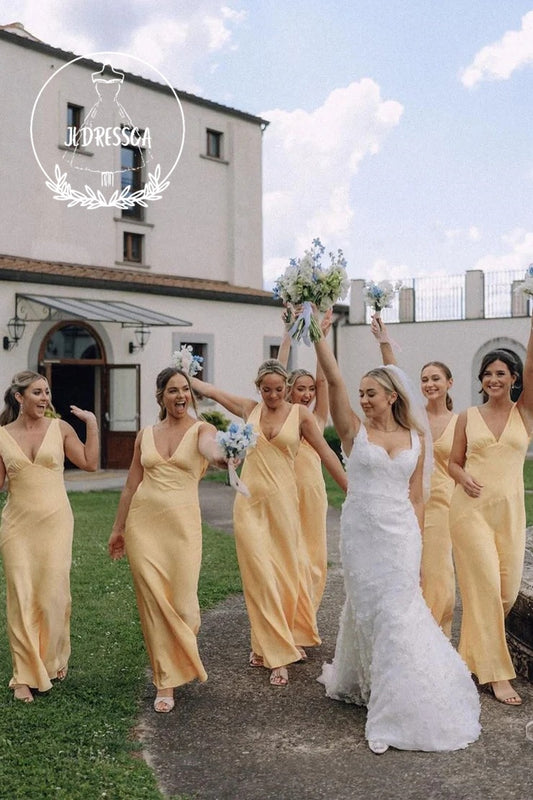 Simple Long Sheath V - Neck Silk Satin Bridesmaid Dress, BD25005