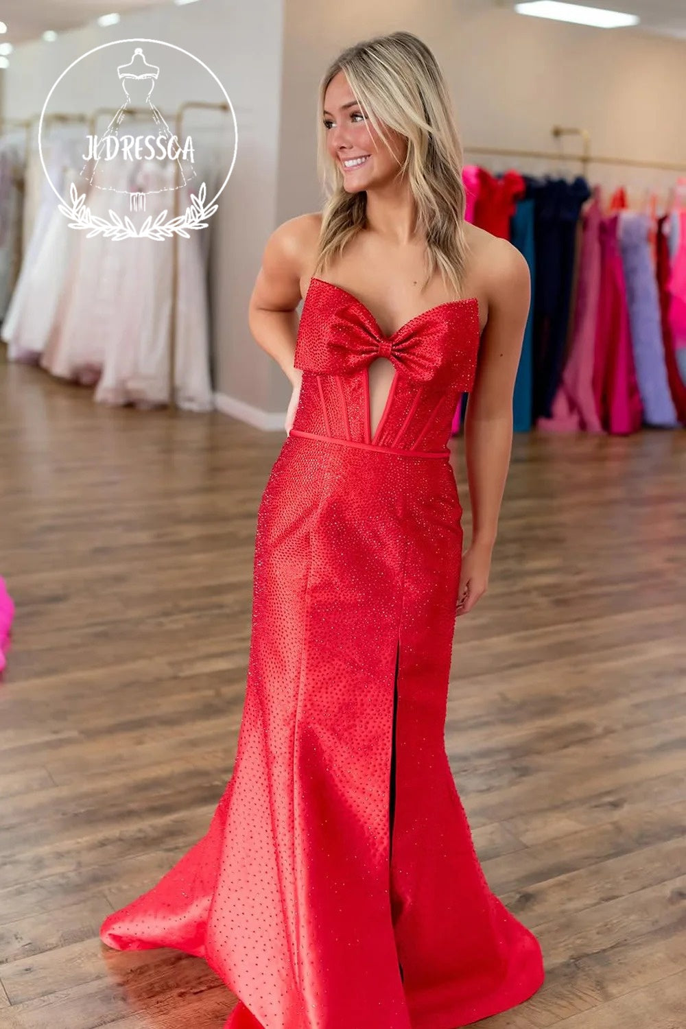 Red Strapless Mermaid Satin Beads Long Prom Dress with Slit, PD25905