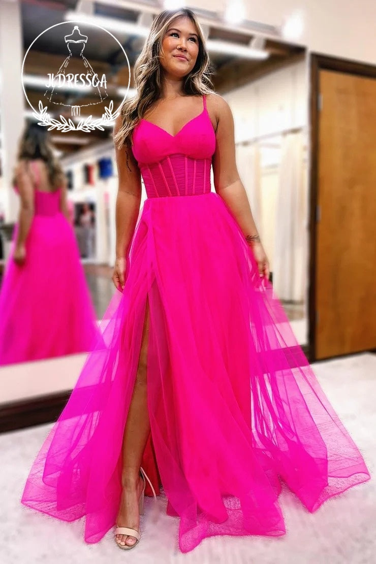 Fuchsia V-Neck Sheer Bodice A-Line Long Prom Dress with Slit, PD25915