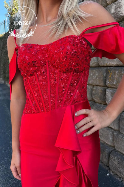 Red Cold Shoulder Mermaid Satin Long Prom Dress with Ruffle Slit, PD25885