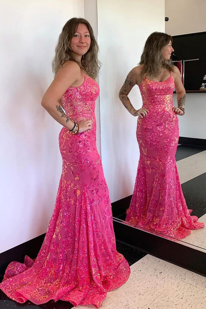 Fuchsia Scoop Neck Sequins Mermaid Long Prom Dress, PD25222