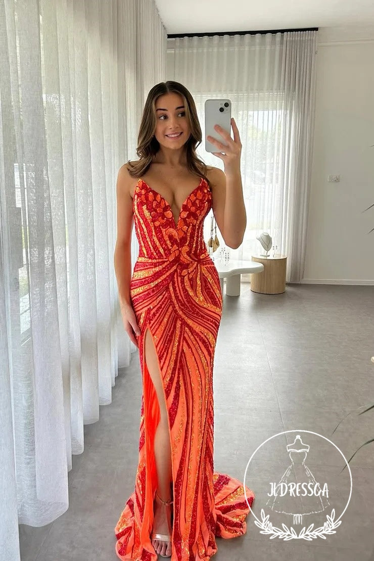 Orange Strapless Mermaid Sequins Long Prom Dress with Slit, PD25896