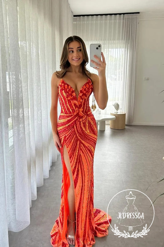 Orange Strapless Mermaid Sequins Long Prom Dress with Slit, PD25896