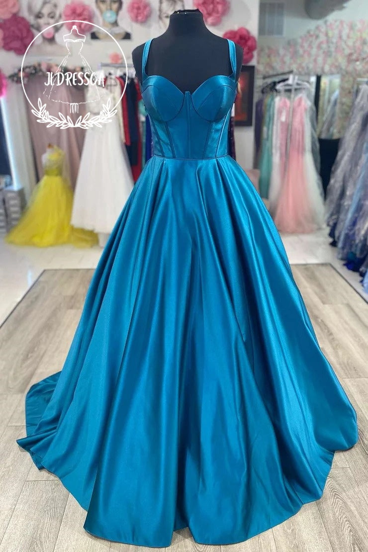 Blue Sweetheart A-Line Satin Long Prom Dress, PD25856