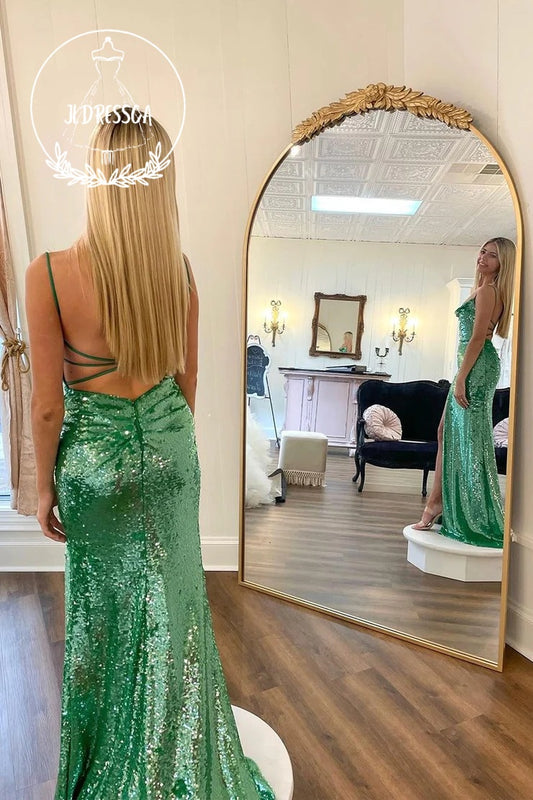 Green Scoop Neck Sequin Mermaid Long Prom Dress with Slit, PD25926