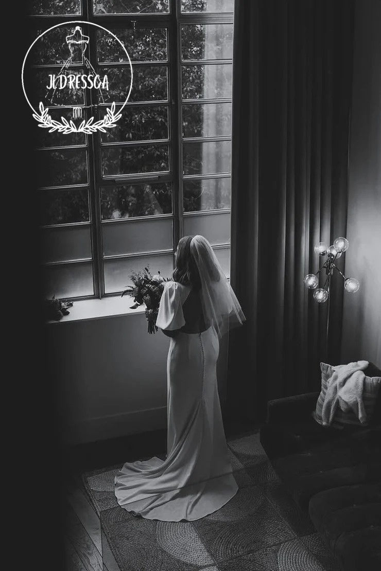 White Satin Deep V-Neck Mermaid Wedding Dresses with Slit, WD25026