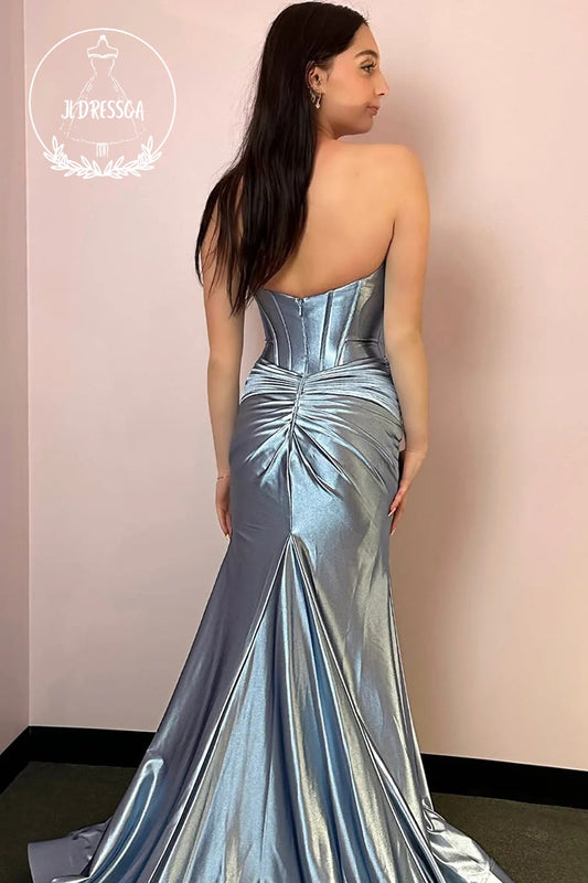 Silver Strapless Mermaid Satin Long Prom Dress with Slit, PD25836
