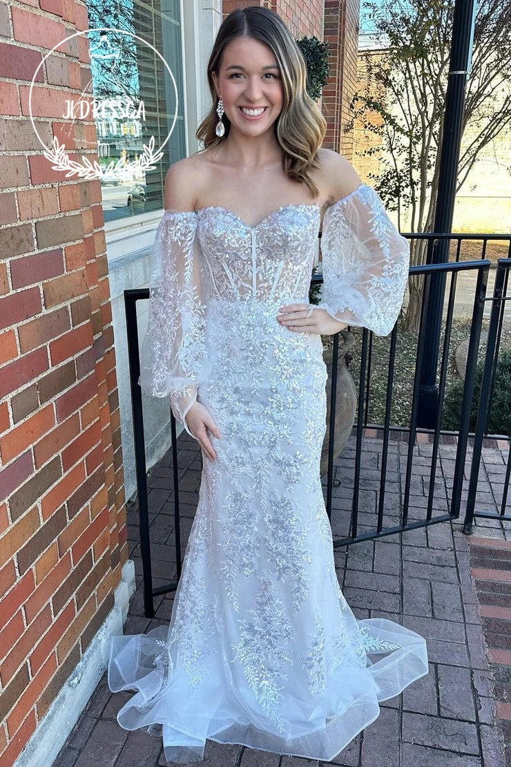 White Strapless Sequin Lace Long Formal Dress with Balloon Sleeves, PD25876