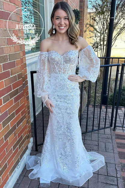 White Strapless Sequin Lace Long Formal Dress with Balloon Sleeves, PD25876
