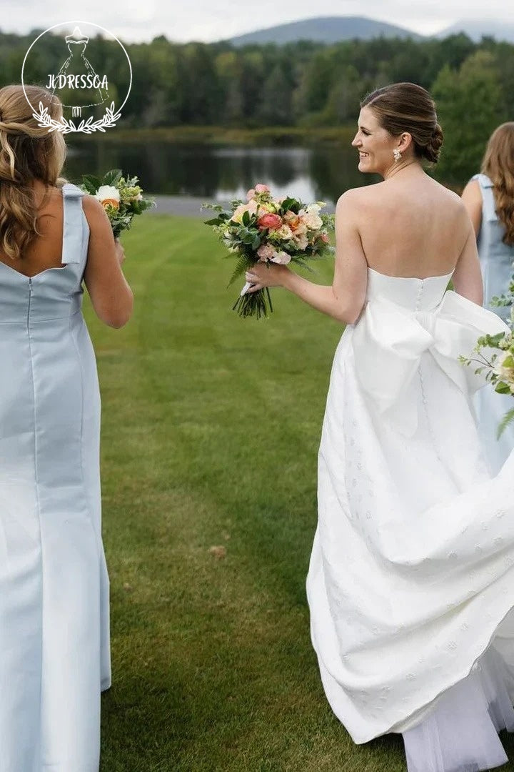 Light Blue Sheath Square Neck Fairy Satin Bridesmaid Dresses with Bow Straps, BD25026