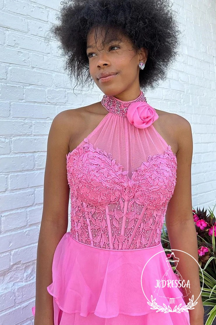 Pink Long Tiered Chiffon Prom Dresses with Halter Neck and Appliques, PD25946