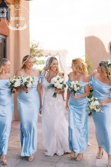 Blue Sheath Off-Shoulder Silk Satin Long Bridesmaid Dress, BD25046
