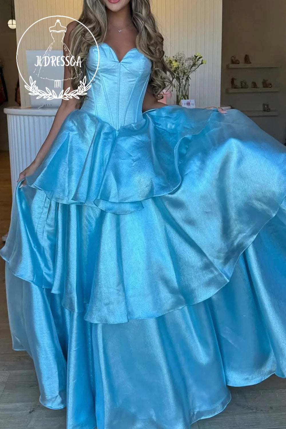 A - Line Long Strapless Light Blue Tiered Ruffle Prom Dresses with Bowknot, PD25936