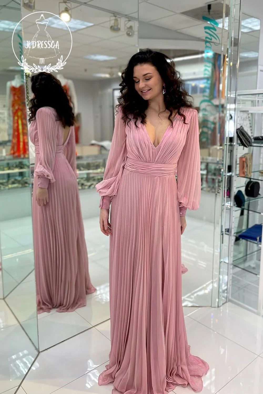 Blush Pink Charming A Line V Neck Chiffon Long Sleeves Wedding Guest Dress, BD25036