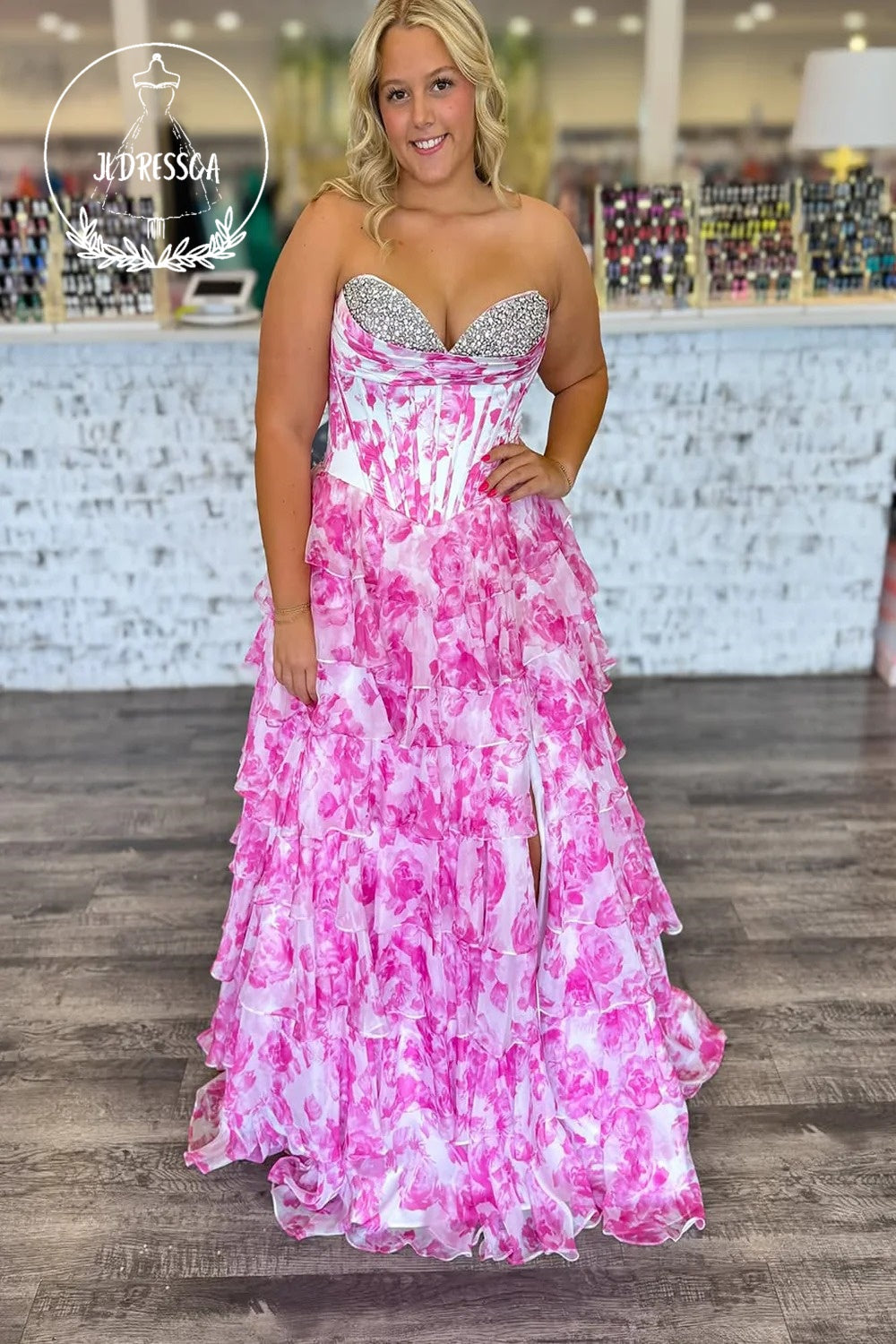 Pink Strapless A-Line Floral Printed Tiered Ruffle Long Prom Dress with Beadings, PD25886