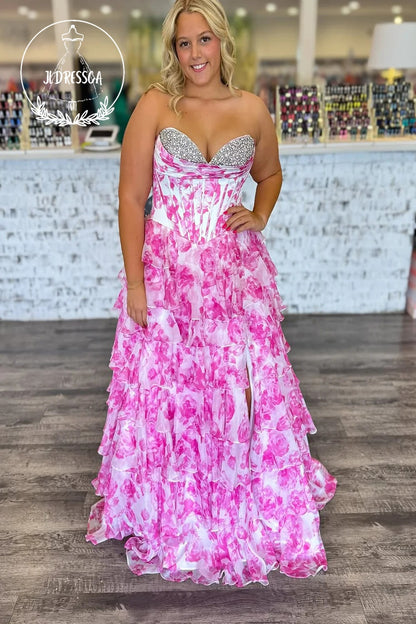 Pink Strapless A-Line Floral Printed Tiered Ruffle Long Prom Dress with Beadings, PD25886