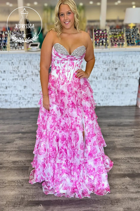 Pink Strapless A-Line Floral Printed Tiered Ruffle Long Prom Dress with Beadings, PD25886