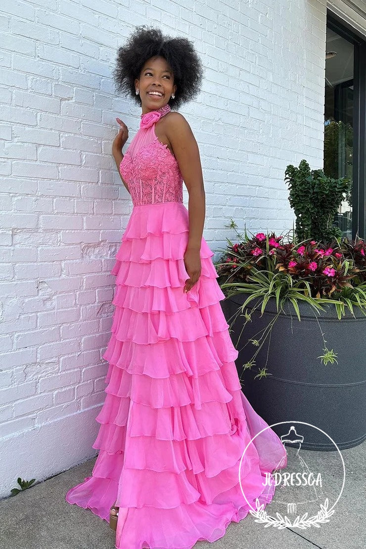 Pink Long Tiered Chiffon Prom Dresses with Halter Neck and Appliques, PD25946