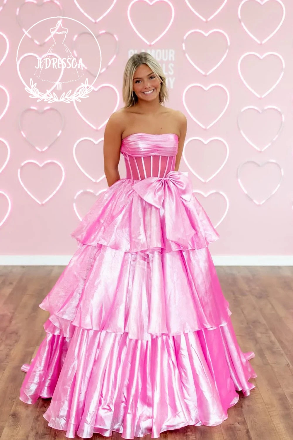 Pink Strapless Ball Gown Organza Ruffle Tiered Long Prom Dress with Bowknot, PD25906