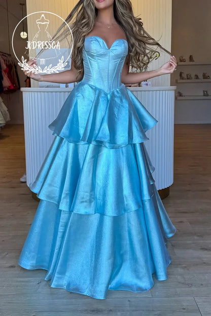 A - Line Long Strapless Light Blue Tiered Ruffle Prom Dresses with Bowknot, PD25936