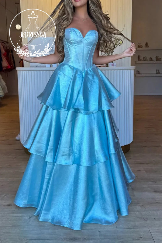A - Line Long Strapless Light Blue Tiered Ruffle Prom Dresses with Bowknot, PD25936
