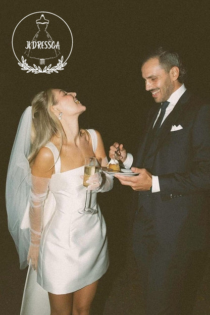 Cute Short Sheath Twill Satin Wedding Dresses with Straps, WD25016