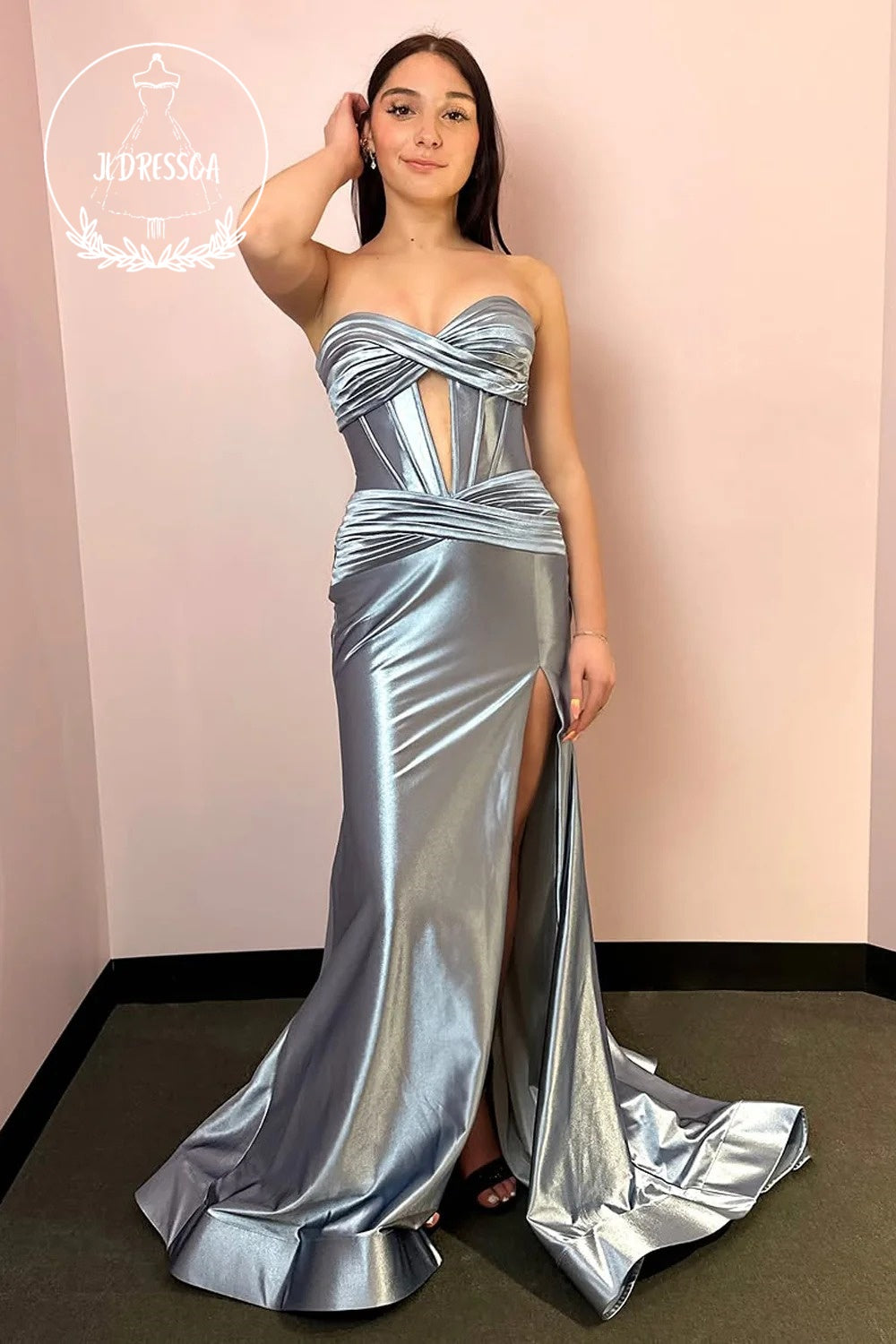 Silver Strapless Mermaid Satin Long Prom Dress with Slit, PD25836