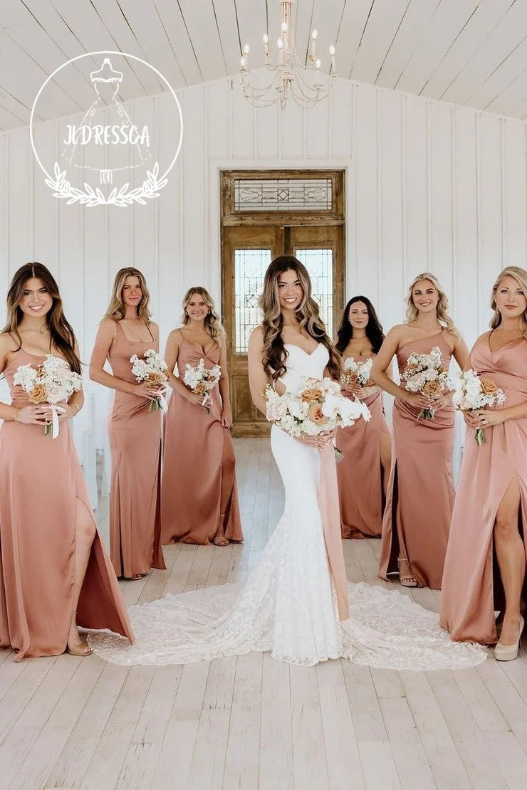 Stunning Long Sheath Blush Pink Silk Satin Bridesmaid Dress, BD25006