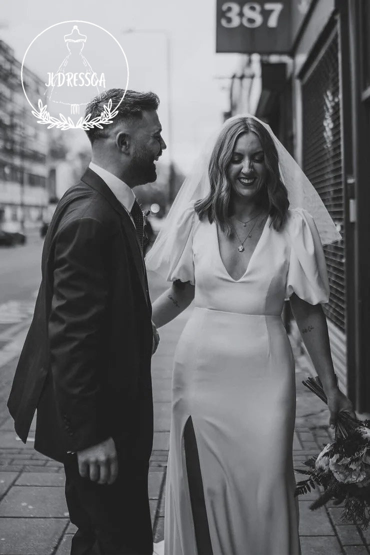 White Satin Deep V-Neck Mermaid Wedding Dresses with Slit, WD25026