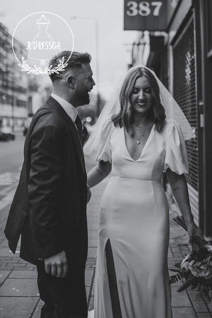 White Satin Deep V-Neck Mermaid Wedding Dresses with Slit, WD25026