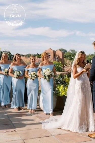 Blue Sheath Off-Shoulder Silk Satin Long Bridesmaid Dress, BD25046