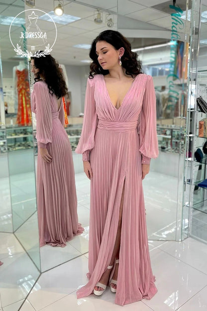 Blush Pink Charming A Line V Neck Chiffon Long Sleeves Wedding Guest Dress, BD25036