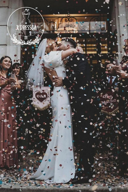 White Satin Deep V-Neck Mermaid Wedding Dresses with Slit, WD25026