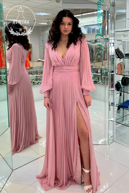 Blush Pink Charming A Line V Neck Chiffon Long Sleeves Wedding Guest Dress, BD25036