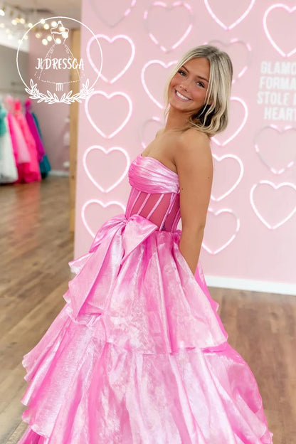 Pink Strapless Ball Gown Organza Ruffle Tiered Long Prom Dress with Bowknot, PD25906