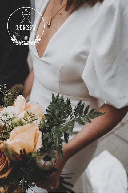 White Satin Deep V-Neck Mermaid Wedding Dresses with Slit, WD25026