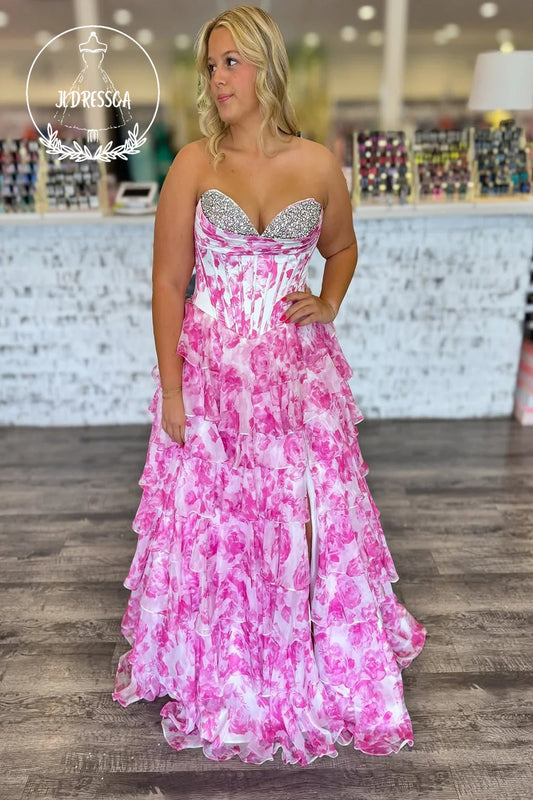 Pink Strapless A-Line Floral Printed Tiered Ruffle Long Prom Dress with Beadings, PD25886