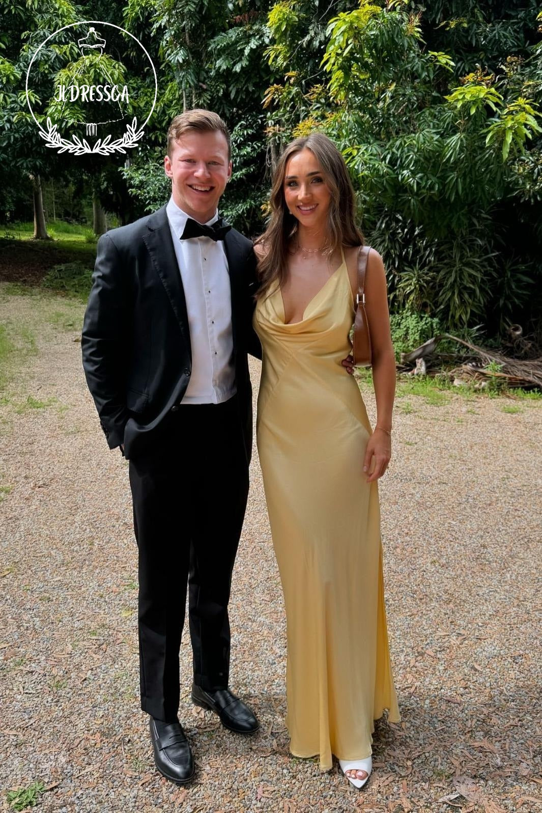 Yellow Sheath V Neck Chic Silk Satin Bridesmaid Dress, BD25016