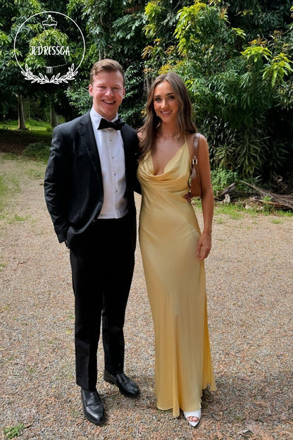 Yellow Sheath V Neck Chic Silk Satin Bridesmaid Dress, BD25016